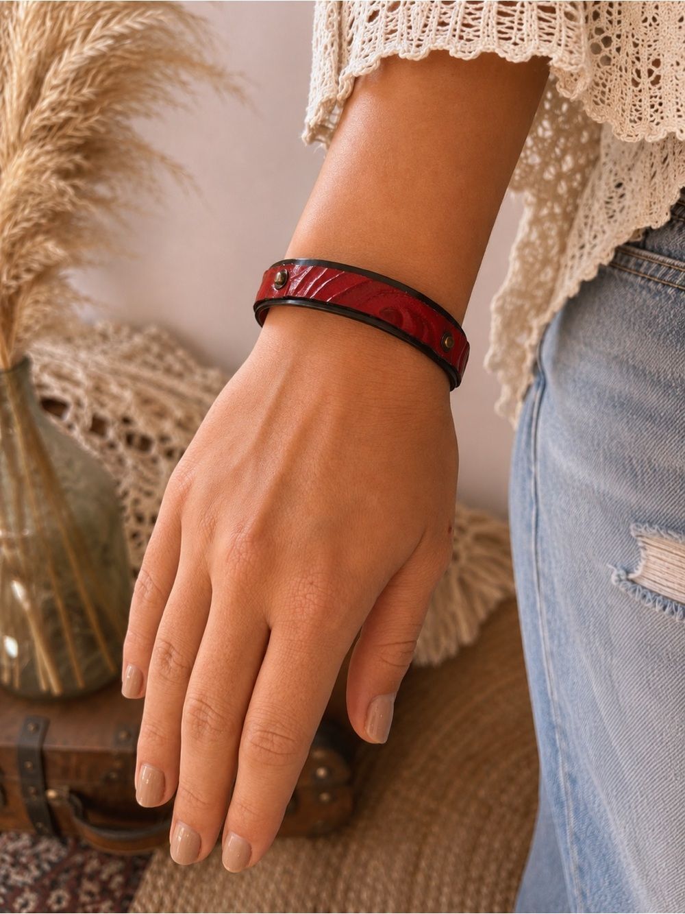 Red & Black Metal Cuff Bracelet | Boho Artisan Statement Bracelet